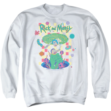 White men's crewneck sweatshirt with Rick and Morty Falling Portals graphic