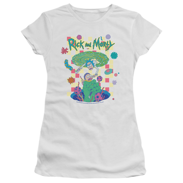 White juniors t-shirt with Rick and Morty Falling Portals graphic