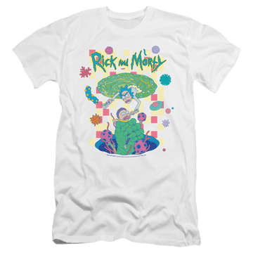 White men's premium slim fit t-shirt with Rick and Morty Falling Portals graphic