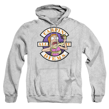 Athletic heather pullover hoodie with Rick and Morty Carp En All Them Diems graphic