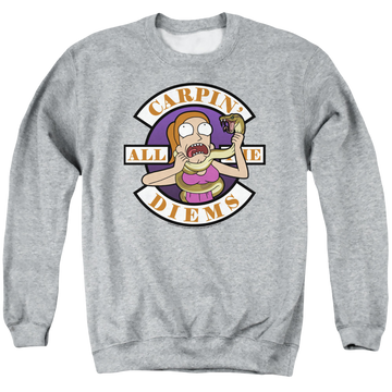 Athletic heather men's crewneck sweatshirt with Rick and Morty Carp En All Them Diems graphic