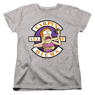 Athletic heather women's t-shirt with Rick and Morty Carp En All Them Diems graphic
