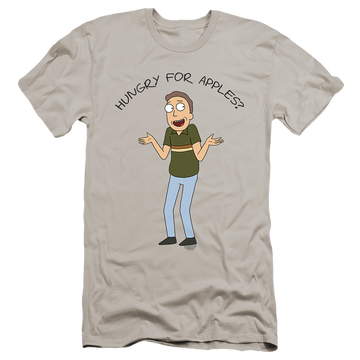 Silver men's premium slim fit t-shirt with Rick and Morty Hungry For Apples graphic