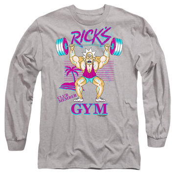 Athletic heather men's long sleeve t-shirt with Rick and Morty Ricks Gym graphic
