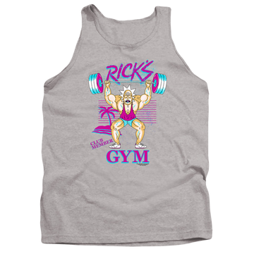 Athletic heather men's tank with Rick and Morty Ricks Gym graphic
