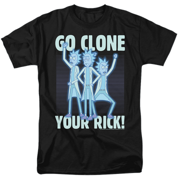 Black men's regular fit t-shirt with Rick and Morty Go Clone Your Rick graphic