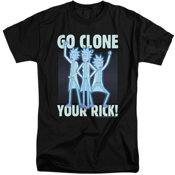 Black men's tall fit t-shirt with Rick and Morty Go Clone Your Rick graphic