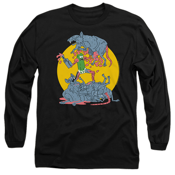 Black men's long sleeve t-shirt with Rick and Morty The Adventures Of Pickle Rick graphic