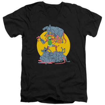 Black men's v-neck t-shirt with Rick and Morty The Adventures Of Pickle Rick graphic