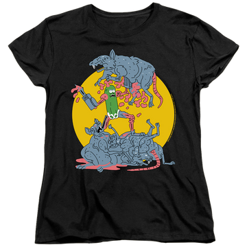 Black women's t-shirt with Rick and Morty The Adventures Of Pickle Rick graphic