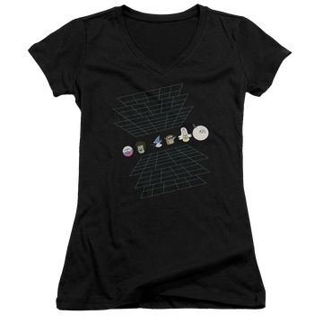 Black juniors v-neck t-shirt with Regular Show Regular Grid graphic
