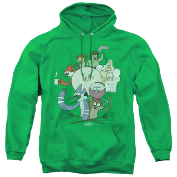Kelly green pullover hoodie with The Regular Show Regular Cast graphic