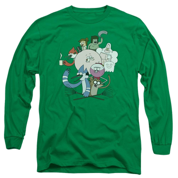 Kelly green men's long sleeve t-shirt with Regular Show Regular Cast graphic