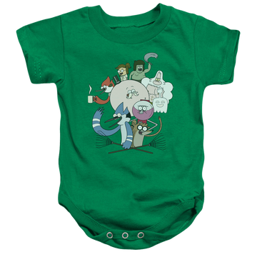 Kelly green baby bodysuit with The Regular Show Regular Cast graphic