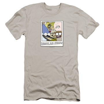 Silver men's premium slim fit t-shirt with Regular Show Instant Picture graphic