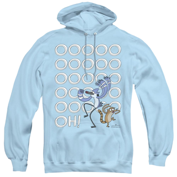 Light blue pullover hoodie with The Regular Show Oooooh graphic