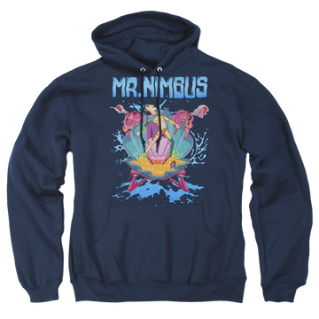 Navy pullover hoodie with Rick and Morty Mr. Nimbus Design graphic