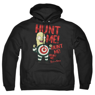 Black pullover hoodie with Rick and Morty Hunt Me graphic
