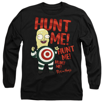 Black men's long sleeve t-shirt with Rick and Morty Hunt Me graphic