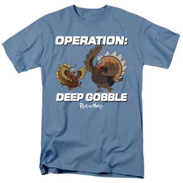 Carolina blue men's regular fit t-shirt with Rick and Morty Operation Deep Gobble graphic