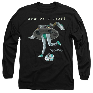 Black men's long sleeve t-shirt with Rick and Morty How Do I Look? graphic