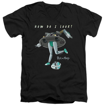 Black men's v-neck t-shirt with Rick and Morty How Do I Look? graphic