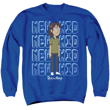 Royal men's crewneck sweatshirt with Rick and Morty Bruce Chutback graphic