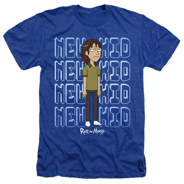 Royal men's heather t-shirt with Rick and Morty Bruce Chutback graphic