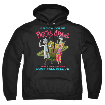Black pullover hoodie with Rick and Morty Apocalypse Party Crawl graphic