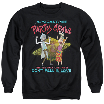 Black men's crewneck sweatshirt with Rick and Morty Apocalypse Party Crawl graphic