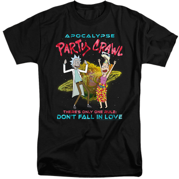 Black men's tall fit t-shirt with Rick and Morty Apocalypse Party Crawl graphic