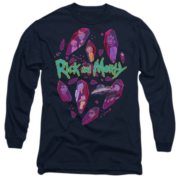 Navy men's long sleeve t-shirt with Rick and Morty Death Crystal Futures graphic