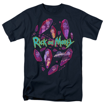 Navy men's regular fit t-shirt with Rick and Morty Death Crystal Futures graphic