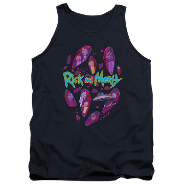 Navy men's tank with Rick and Morty Death Crystal Futures graphic