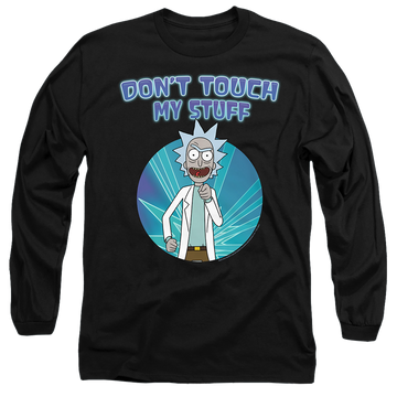 Black men's long sleeve t-shirt with Rick and Morty Don't Touch graphic