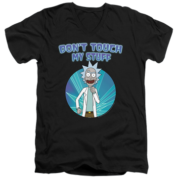 Black men's v-neck t-shirt with Rick and Morty Don't Touch graphic