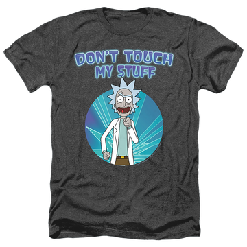 Black men's heather t-shirt with Rick and Morty Don't Touch graphic