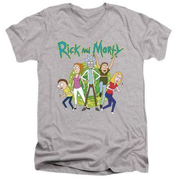 Athletic heather men's v-neck t-shirt with Rick and Morty Family Fights Together graphic