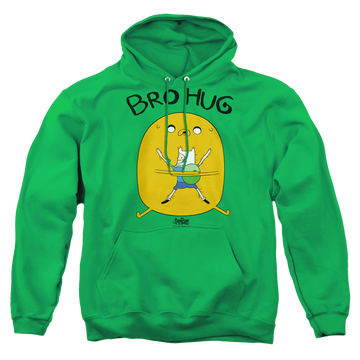 Kelly green pullover hoodie with Adventure Time Bro Hug graphic