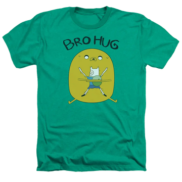 Kelly green men's heather t-shirt with Adventure Time Bro Hug graphic