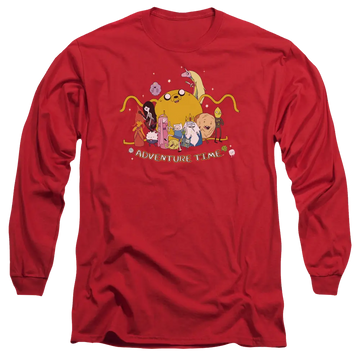 Red men's long sleeve t-shirt with Adventure Time Outstretched graphic