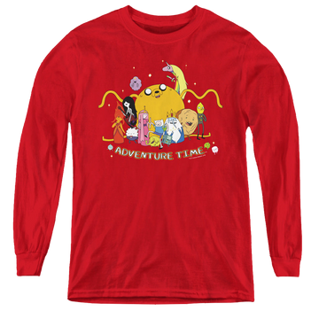 Red youth long sleeve t-shirt with Adventure Time Outstretched graphic