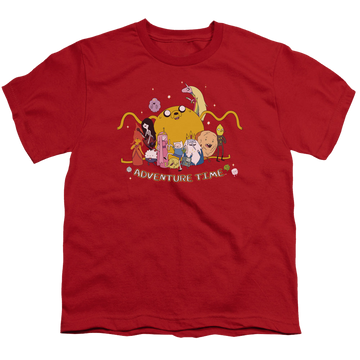 Red youth t-shirt for ages 8 to 12 with Adventure Time Outstretched graphic
