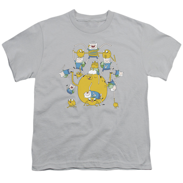 Silver youth t-shirt for ages 8 to 12 with Adventure Time Finn&Jake Group graphic
