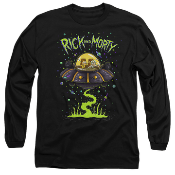 Black men's long sleeve t-shirt with Rick and Morty Ufo graphic