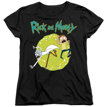 Black women's t-shirt with Rick and Morty Portal graphic
