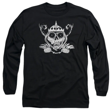 Black men's long sleeve t-shirt with Adventure Time Skull Face graphic