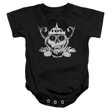 Black baby bodysuit with Adventure Time Skull Face graphic