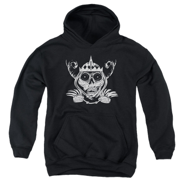 Black youth hoodie for ages 8 to 12 with Adventure Time Skull Face graphic