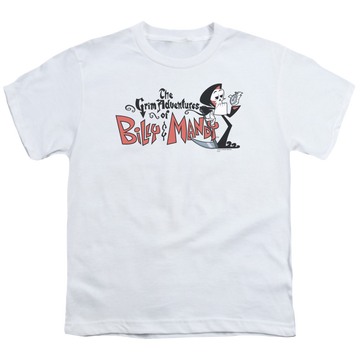 White youth t-shirt for ages 8 to 12 with The Grim Adventures of Billy & Mandy Logo graphic